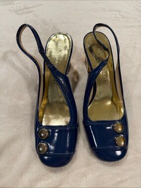Marc By Marc Jacobs Blue Patent Slingback Heels with Gold Block Heel